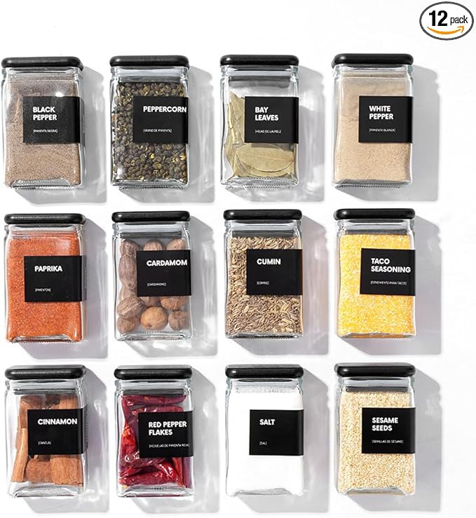 Glass Spice Jars with Labels - 4oz Glass Jars with Bamboo Lids, Square Spice Jars with Labels, Em... | Amazon (US)
