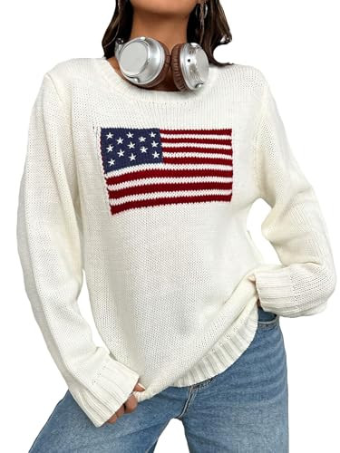 SweatyRocks Women's Flag Pattern Long Sleeve Round Neck Sweater Casual Loose Pullover Sweater | Amazon (US)