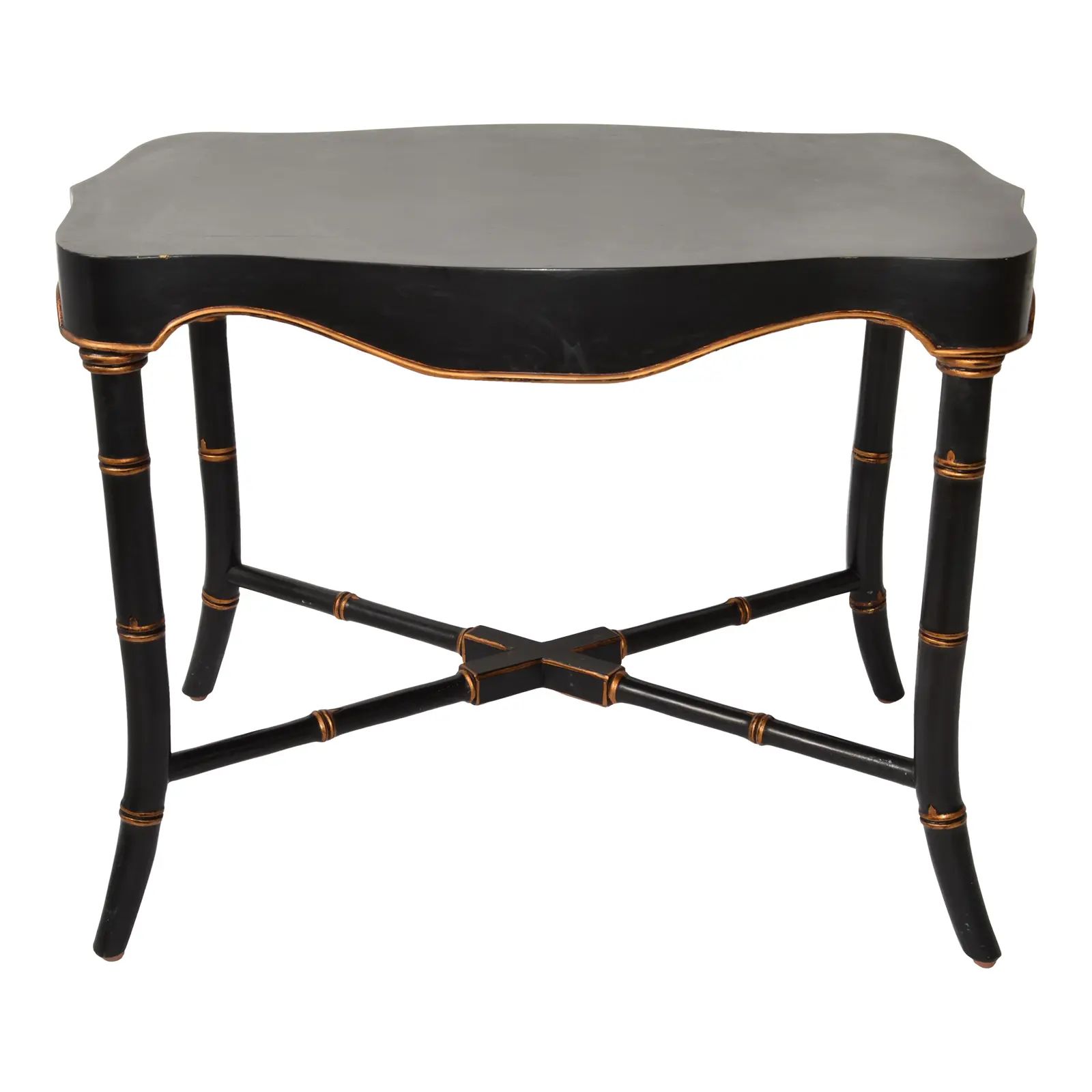 Victorian Mid-20th Century Black Gold Finish Accent Table Faux Bamboo Cross Base | Chairish