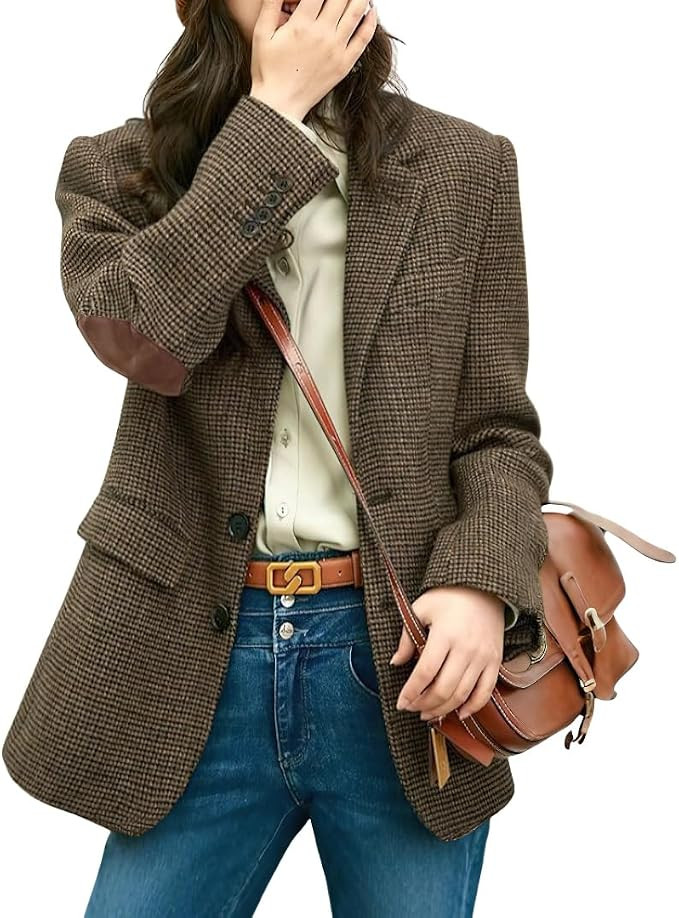 chouyatou Women's Fall Winter Wool Business Casual Blazer Jacket Single Breasted Plaid Dressy Wor... | Amazon (US)