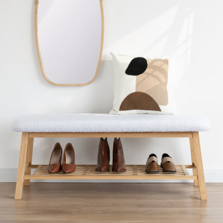 StorageWorks Upholstered Wood Bench with Shoe Storage Shelf, 45" Long Entryway Bench, Dining Benc... | Walmart (US)
