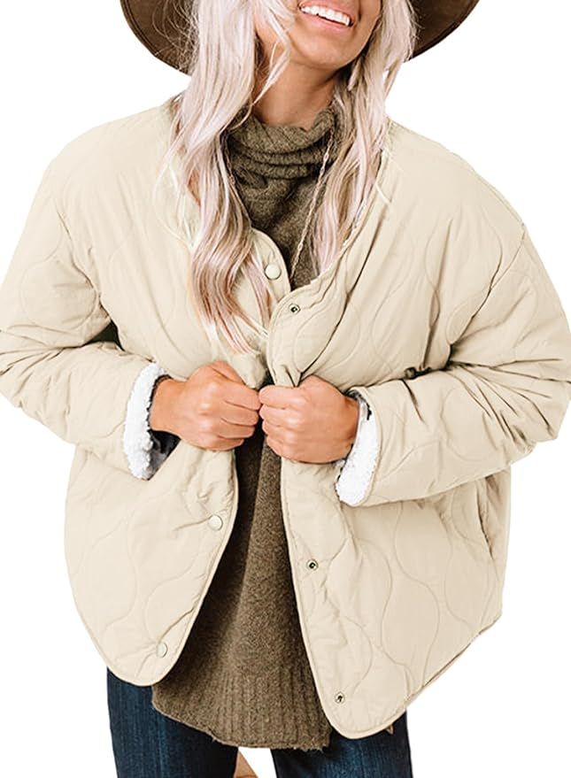 SHEWIN Sherpa Puffer Jackets for Women Button Down Reversible Diamond Quilted Lightweight Fleece ... | Amazon (US)