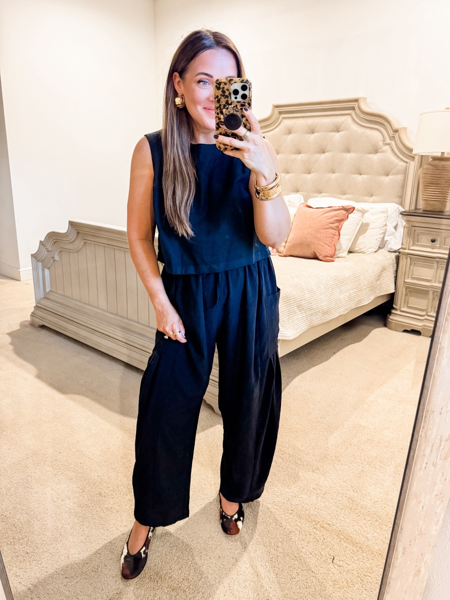 Top / Pants - M (tts) 
5’2” 145 lbs 
—
Amazon pants | Casual pants | Bump friendly | Casual office wear | All black look | Linen tank top | Summer casual | Cow print | Printed flats 

#LTKWorkwear #LTKShoeCrush #LTKFindsUnder50