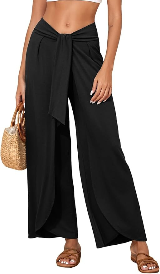 Herseas Womens Beach Pants Split Wide Leg Beach Cover Up Pants Palazzo Flowy Casual Lounge Pants | Amazon (US)