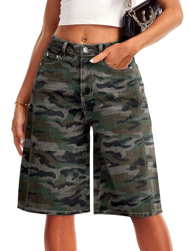 IVIR Camo Shorts Women Jorts Bermuda High Waisted Denim Long Knee Length Wide Leg Casual Summer Camo XL | Amazon (US)