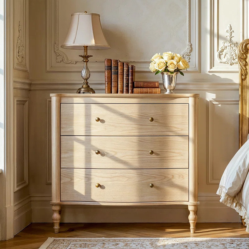 32.8'' W Vintage Curved Front Nightstand with 3 Drawers, Solid Wood Legs and Metal Knobs Adorn | Wayfair North America