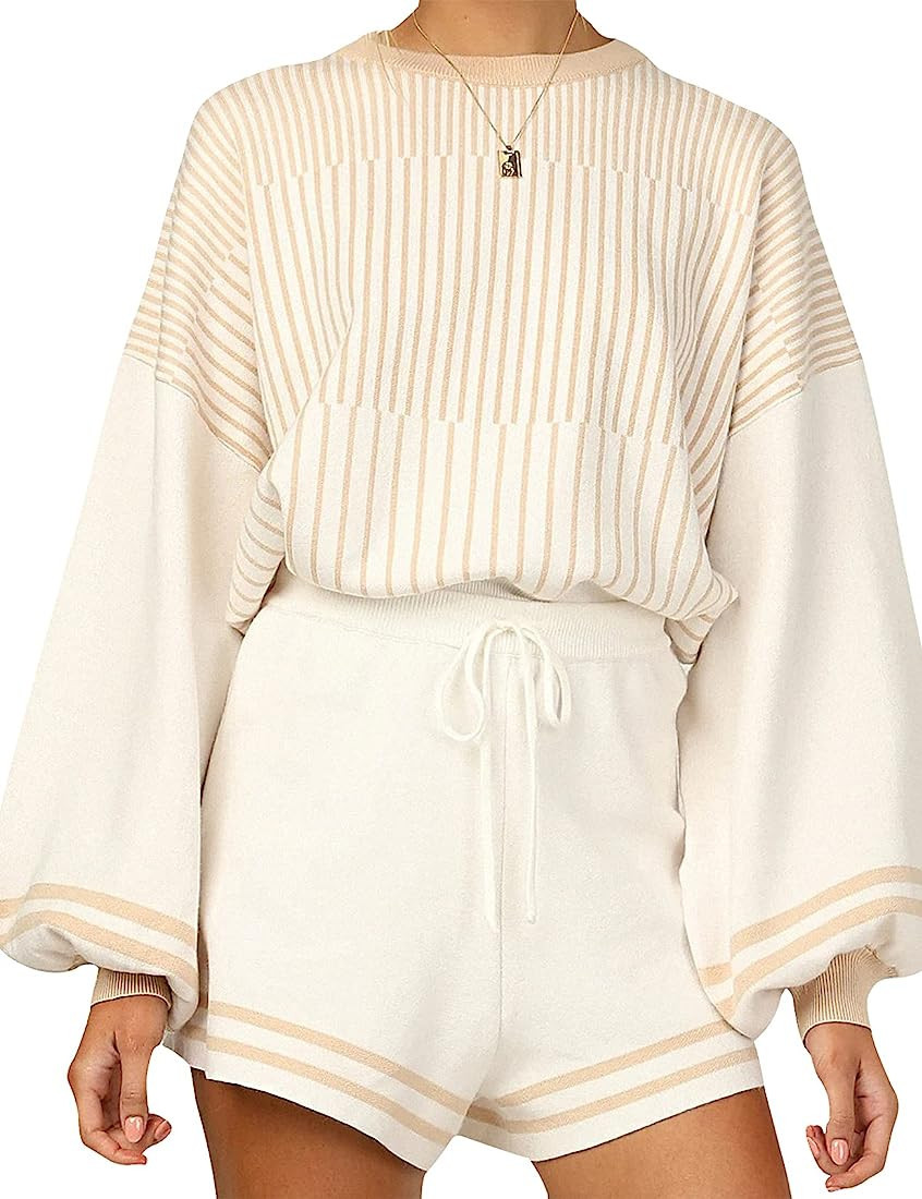 Gihuo Women' s Striped 2 Piece Outfits Crewneck Knit Pullover Sweater Shorts Set | Amazon (US)