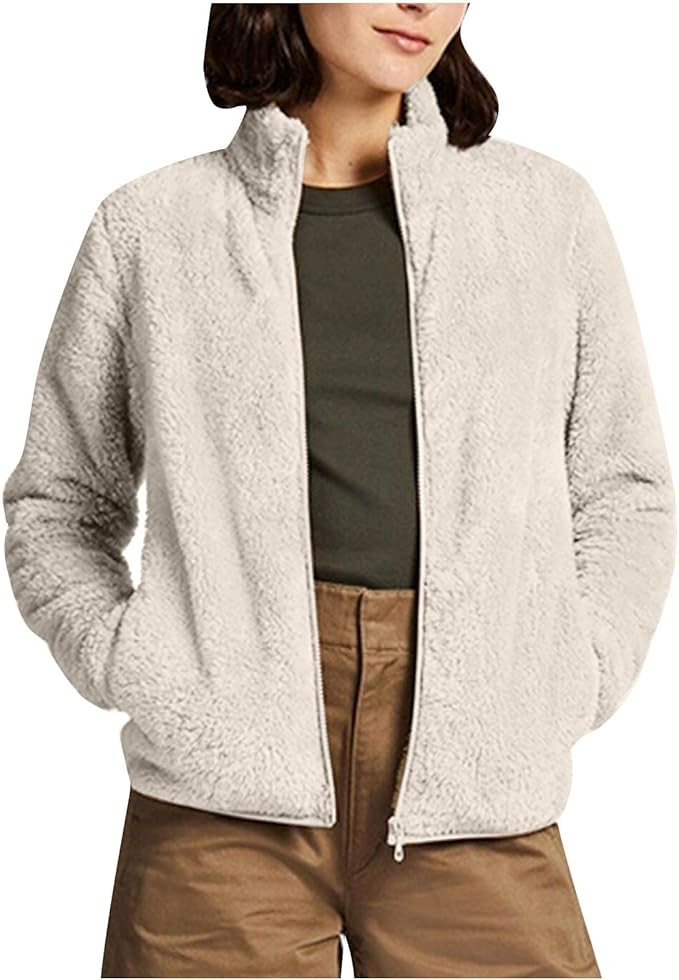 Womens Fleece Jacket Casual Long Sleeve Sherpa Cardigan Zipper Up Fuzzy Warm Coats Fall Winter Ou... | Amazon (US)