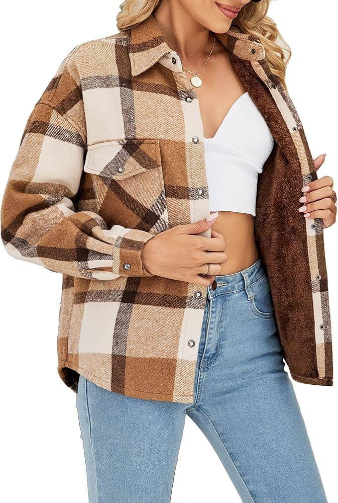 Gozoloma Sherpa Plush Fuzzy Fleece Lined Jacket Womens Plaid Flannel Shacket Jacket Lapel Button ... | Amazon (US)