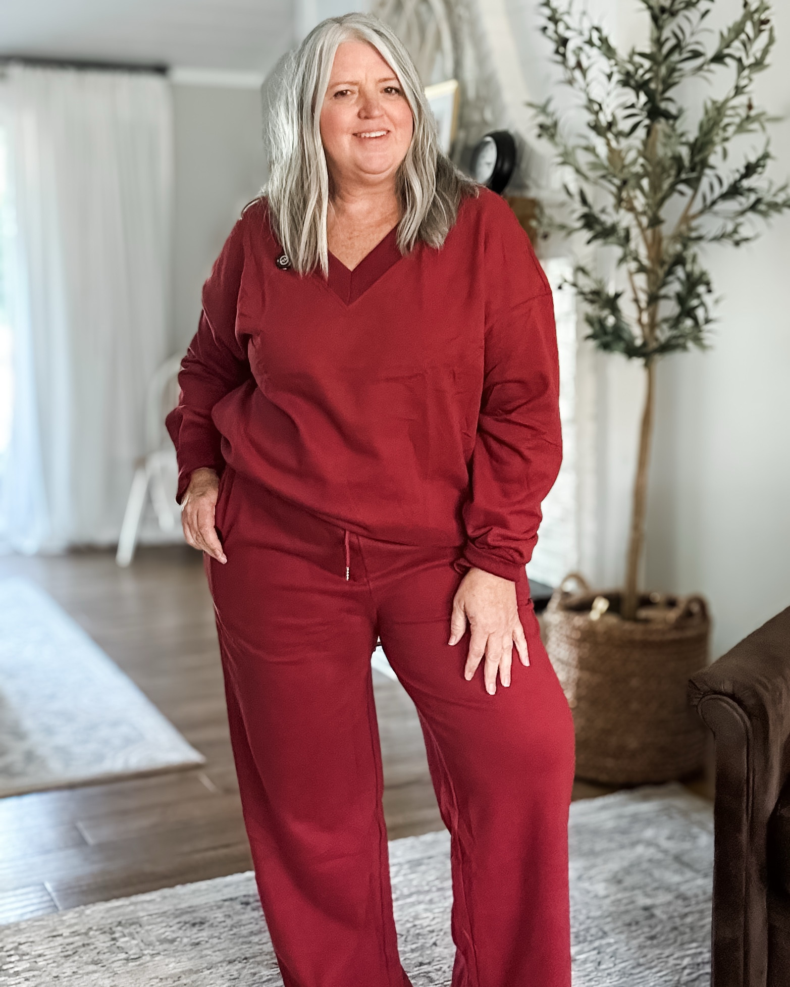 All the wine (color) lounge set goodness! 
Red v-neck set - wearing XXL
Burgundy v-neck - 14/16 Burgundy Pants 18/20 
“Best coast” sweatshirt - XL
Deep Burgundy pants - XL 

Measurements for reference:
5’5” || Bust 44” || Waist 40” || Hip 52” 

Plus size lounge sets; midsize lounge sets;  

#LTKPlusSize #LTKMidsize #LTKOver40