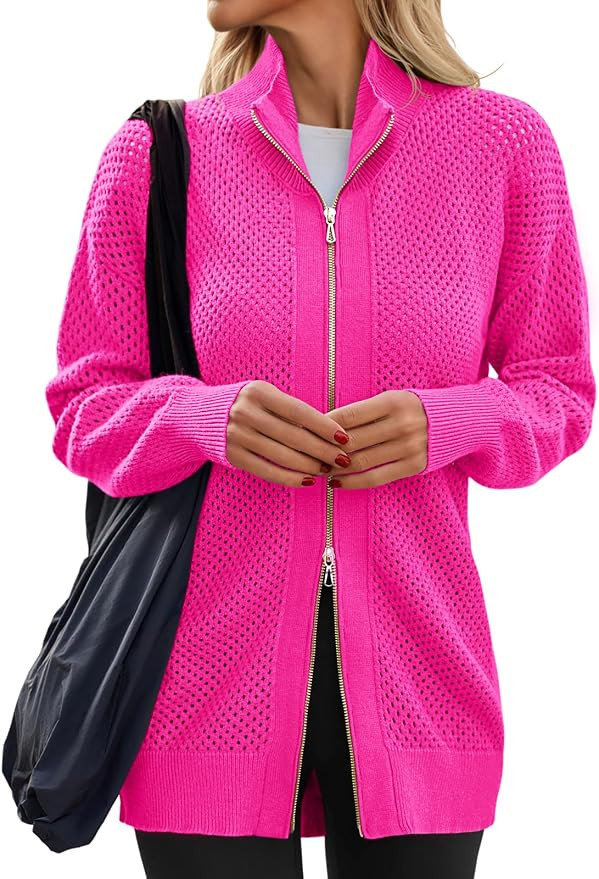 Women's Turtleneck Zip Up Cardigan Sweaters Oversized Drop Shoulder Long Sleeve Casual Solid Mesh... | Amazon (US)