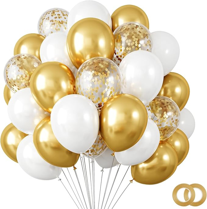 RUBFAC 120pcs 12 Inches White Gold Balloon Kit, Metallic Chrome Gold and Confetti Balloons for Bi... | Amazon (US)