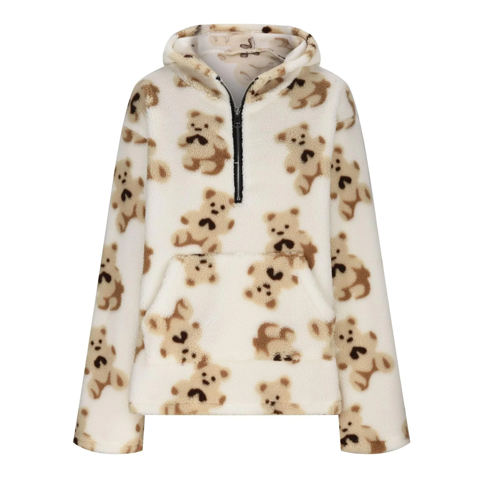 Women's Bear Half Zip Coat Printed Double Layer Fleece Pullover Hoodie Casual Loose Pocket Long S... | Walmart (US)