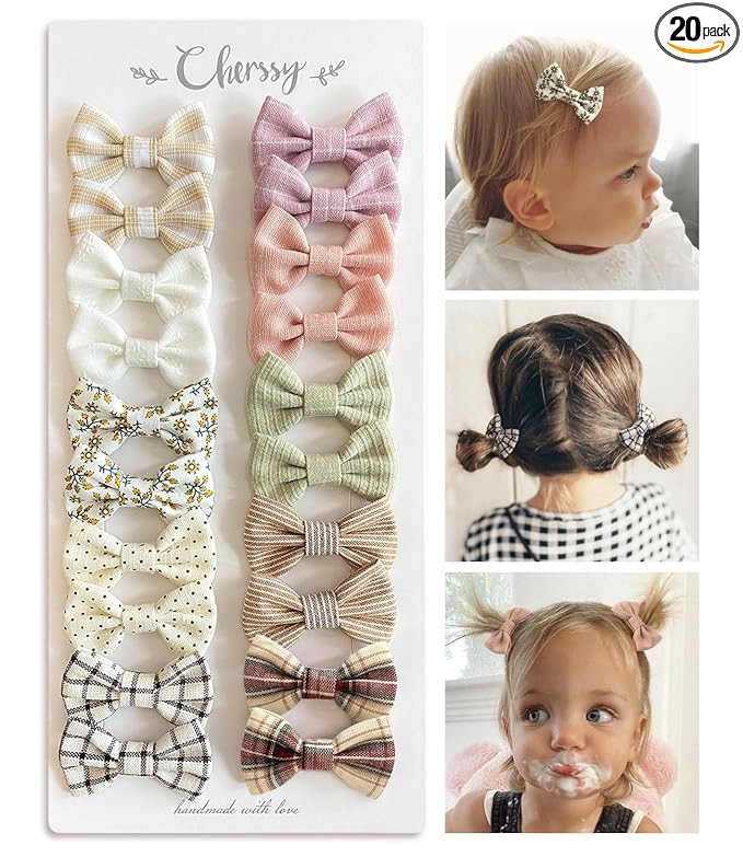 Baby Girls Hair Bow Clips, 20pcs Boutique Cotton Fully Lined Hair Pins, Non Slip Baby Barrettes A... | Amazon (US)