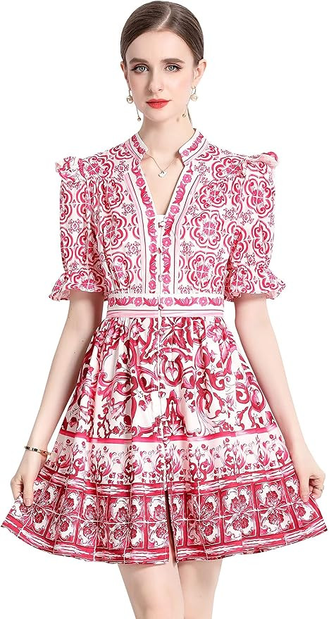 LAI MENG FIVE CATS Women's Summer Puff Sleeve V-Neck Floral Print Button up Casual Swing Mini Dre... | Amazon (US)