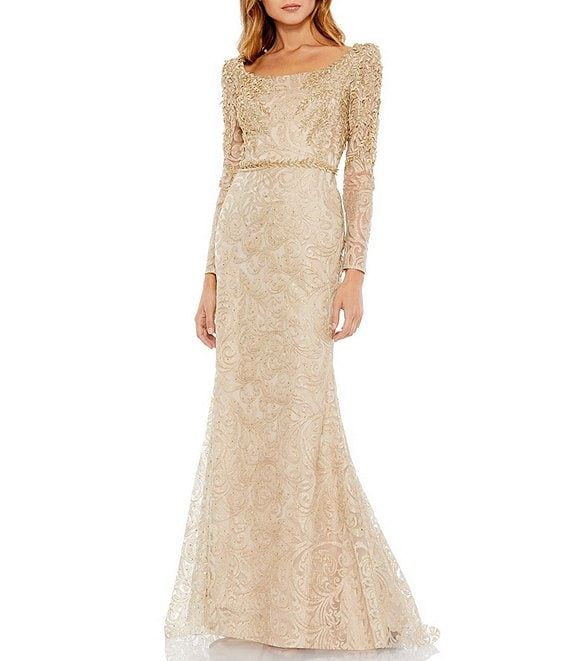 Embroidered Applique Square Neck Long Sleeve Trumpet Gown | Dillards