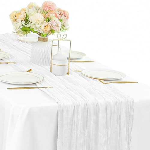 White Cheesecloth Table Runner 10FT Runner for Tables Gauze Fabric Boho Cheese Cloth Table Runner Decoration Rustic Semi Sheer Runner for Wedding Birthday Holiday Bridal Shower Party (White) | Amazon (US)