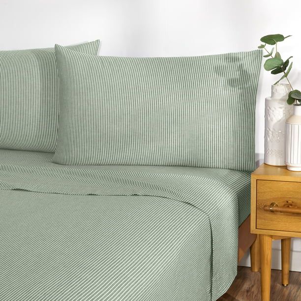Gap Home Yarn Dyed Organic Cotton Chambray Stripe Bed Sheet Set, Deep Pocket, Twin, Olive, 3PC - ... | Walmart (US)