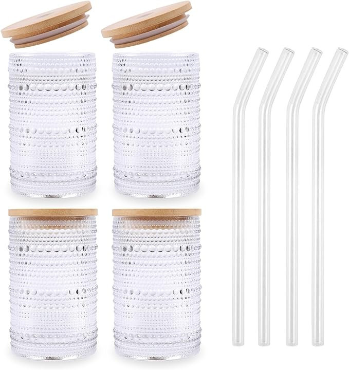 Vintage Drinking Glasses Set of 4 with Bamboo Lids and Straws, Textured Clear Striped Ribbed Glas... | Amazon (US)