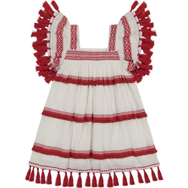 Serena Chacha Fringed Dress, White & Red | Maisonette