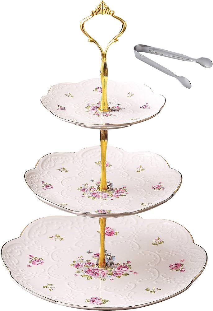 Jusalpha® Elegant Embossed 3-tier Ceramic Cake Stand- Cupcake Stand- Tea Party Pastry Serving Pl... | Amazon (US)