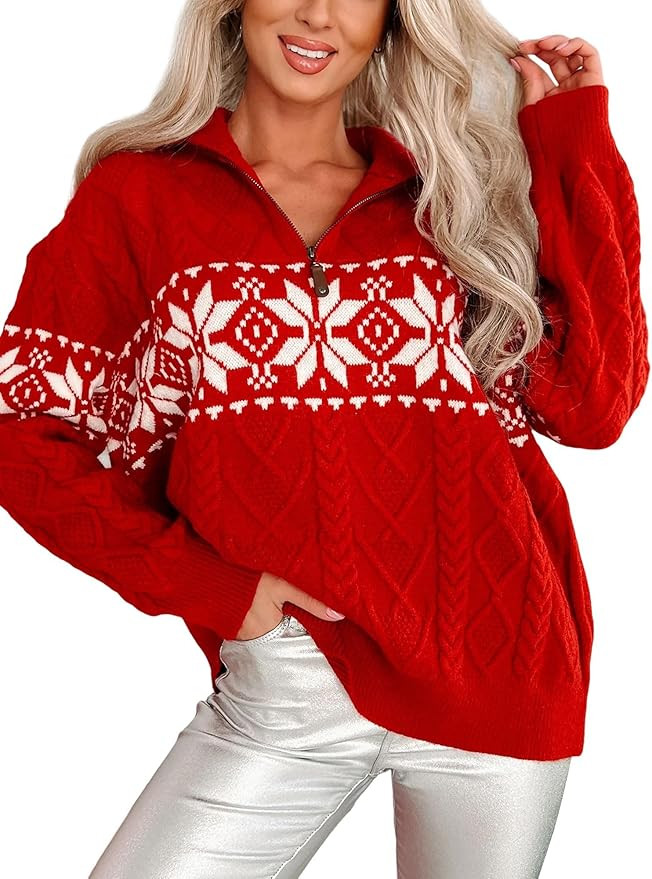 ZAFUL Women's Christmas Snowflake Reindeer Knitted Sweater Long Sleeve Crew Neck Heart Animal Pri... | Amazon (US)