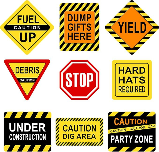 Blulu 9 Pcs Construction Themed Party Signs Decorations Caution Traffic Construction Theme Signs ... | Amazon (US)