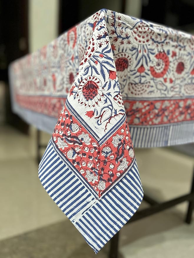 Pigeon Blue and flamingo pink Hand Block Printed Cotton Tablecloth, Dining Table Cover Farmhouse ... | Amazon (US)
