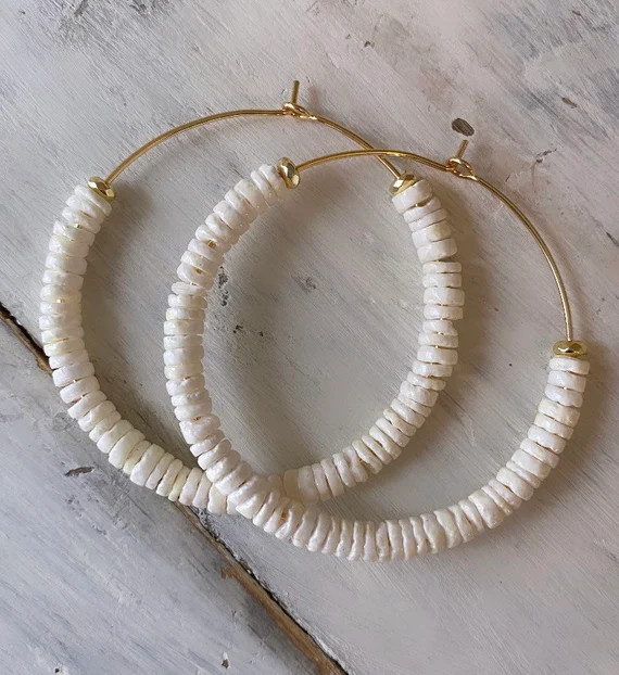Gold Filled Hoop Earrings/ White Heishi Shell Bead Earrings/ | Etsy | Etsy (US)