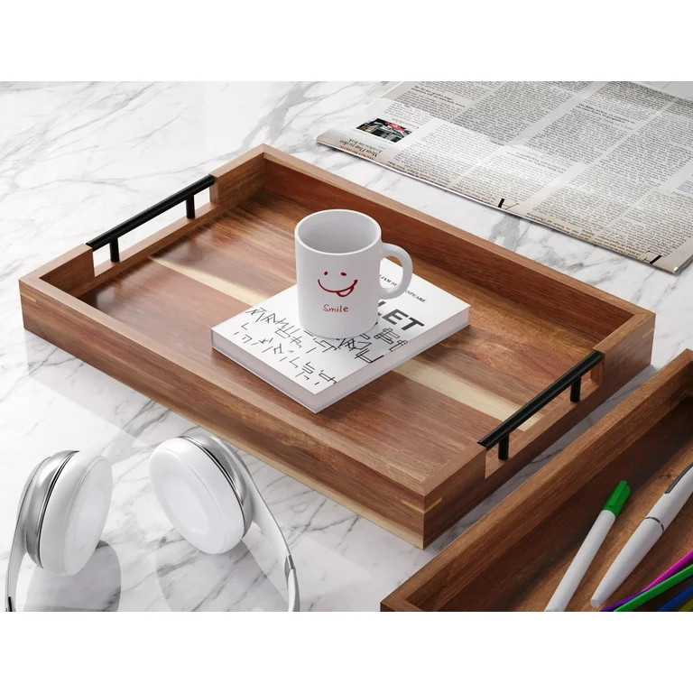Fibogollo Acacia Wood Set of 2 Serving Tray with Metal Handles,Ottoman Decorative Trays Platter f... | Walmart (US)