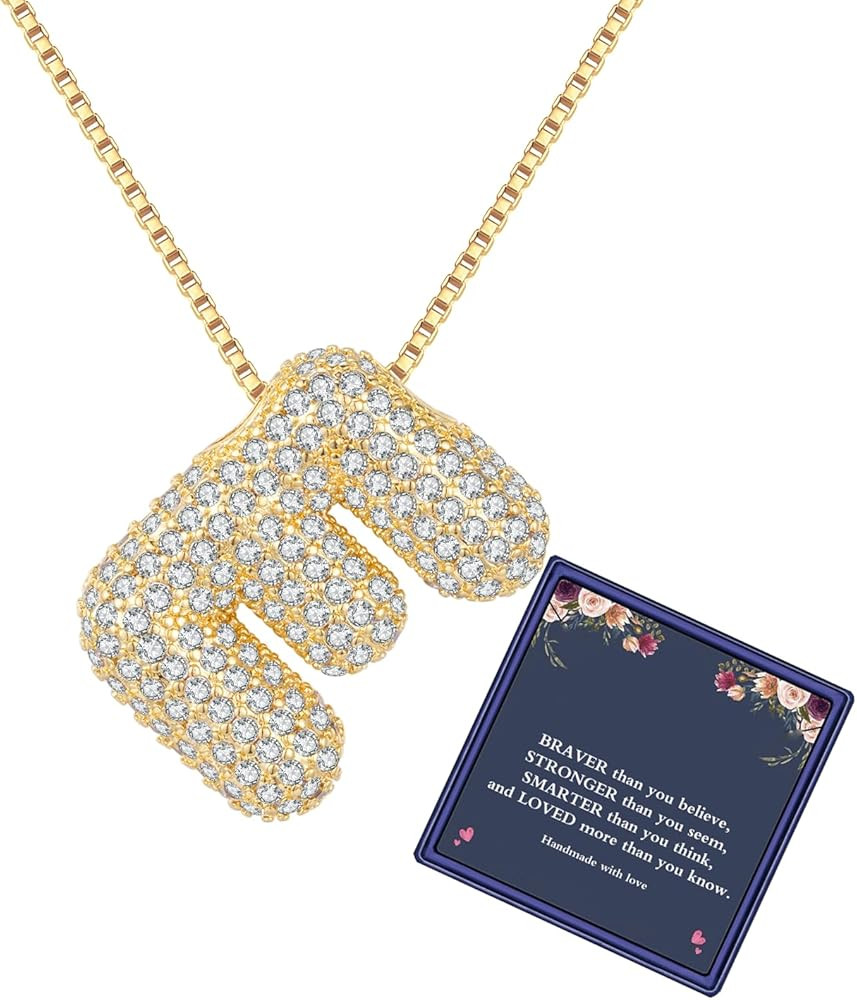 Bubble Letter Necklace Gold for Women，Charm Balloon Initial Letter Pendant Zirconia Inlaid Neck... | Amazon (US)