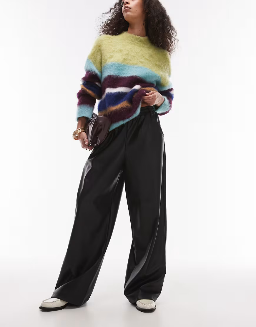 Topshop drawstring pull on faux leather straight leg pants in black | ASOS (Global)