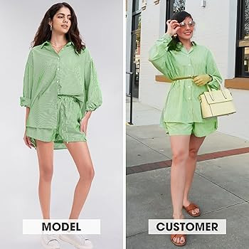 EXLURA Women's Cotton Summer 2 Piece Sets Long Sleeve Button Down Shirts Matching Short Sets Beac... | Amazon (US)