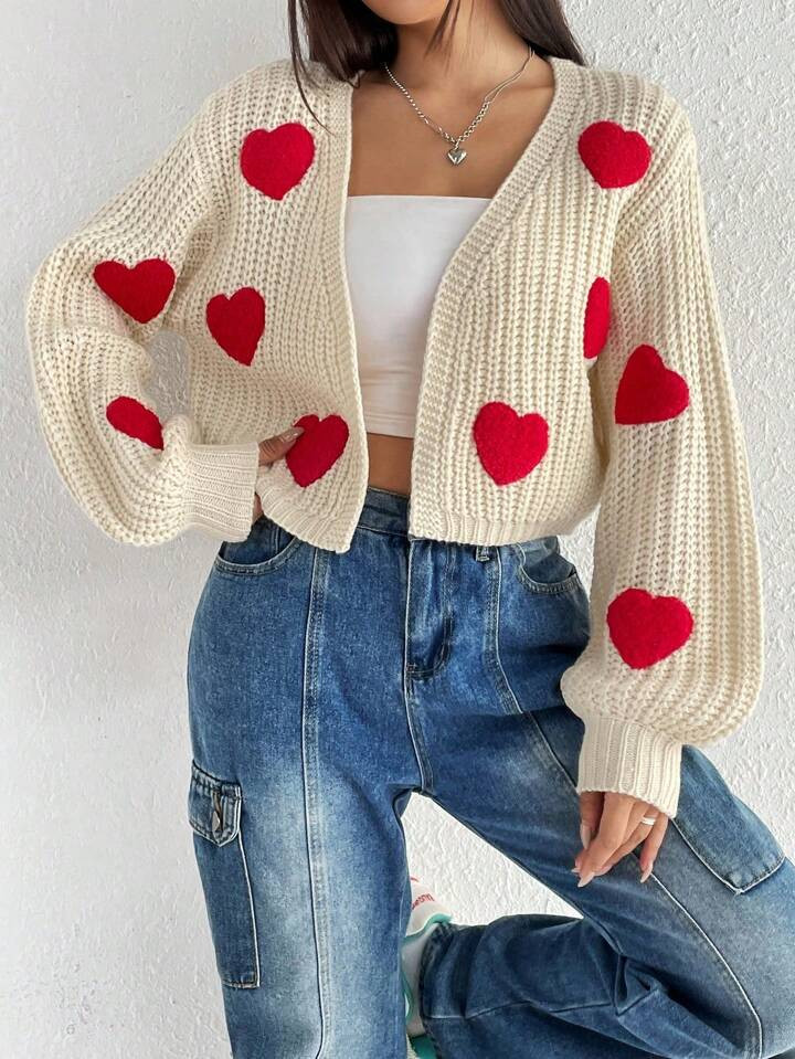 SHEIN Qutie Heart Pattern Drop Shoulder Duster Cardigan | SHEIN