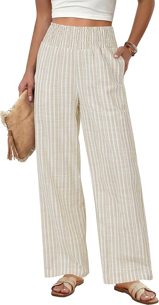 GRAPENT Linen Pants for Women Wide Leg Trendy Pull On High Rise Striped Elastic Smock Waist Beach... | Amazon (US)