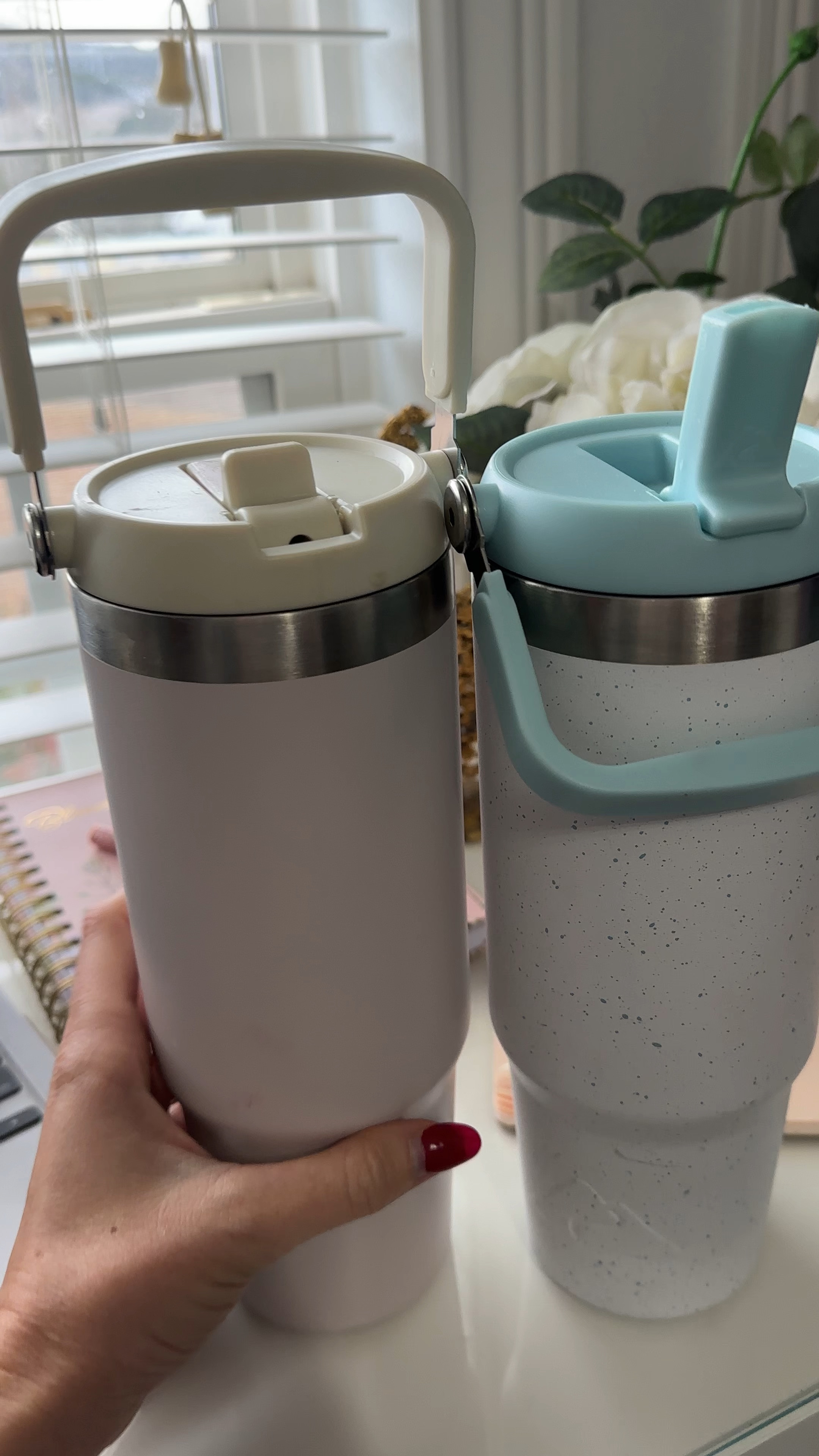 The $13 Stanley tumblers dupes I found and LOVE! 👏🏼 These are identical to the Stanley ice flow water bottles! They keep your water cold, don’t leak, fit into the cup holder and help you drink more water throughout the day!! The color says cream but it has a blush tint to it! Perfect neutral option!! Loooove the blue one too. Lots more colors linked below. 👇🏼 So pretty! 🤩 

#LTKGiftGuide #LTKFitness #LTKActive