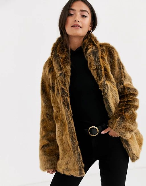 ASOS DESIGN stand collar faux fur coat in brown | ASOS US