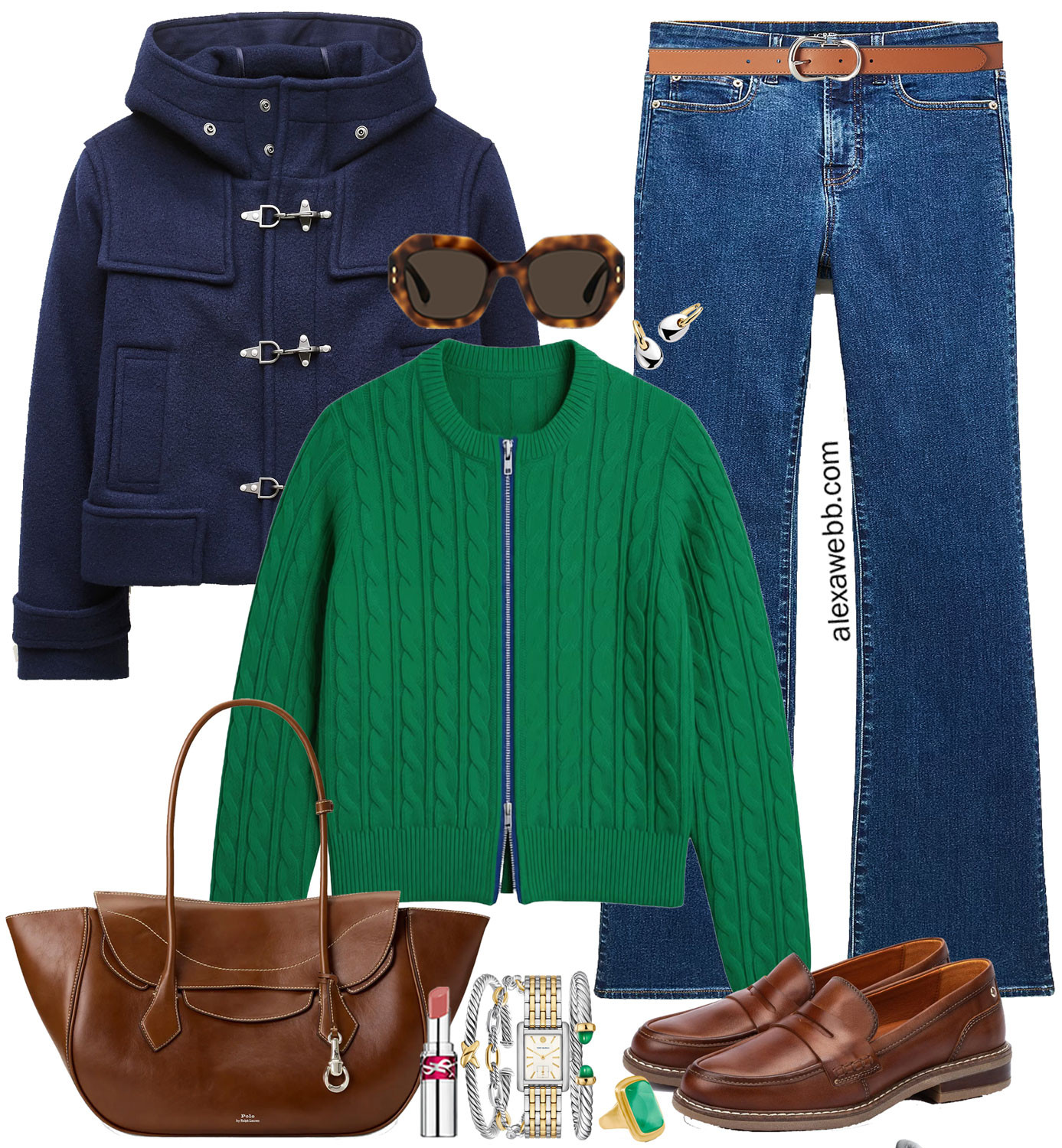 A plus size green cable knit cardigan outfit for casual days this fall.  A preppy outfit for fall with a zip front cable knit cardigan in a bright green with dark wash bootcut jeans, loafers, and a navy coat. Alexa Webb 

 #LTKSeasonal #LTKOver40 #LTKPlusSize