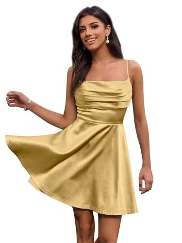 CNDGIKI A Line Mini Short Homecoming Dress, Spaghetti Straps Short Satin Party Cocktail Gratulation Dress Gold | Amazon (US)
