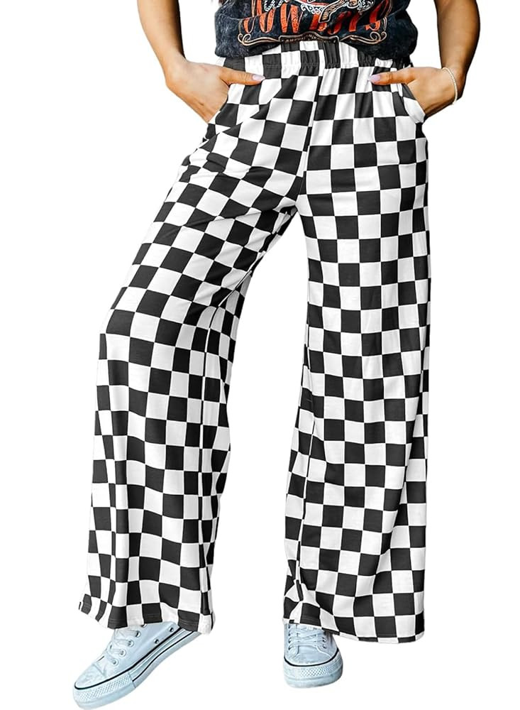 IWOLLENCE Women's Casual Loose Checkered Wide Leg Pants High Waist Straight Lounge Y2K Gingham Tr... | Amazon (US)
