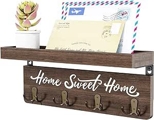 buways Wall-Mounted Key and Mail Holder, Wooden Key Rack with 4 Double Key Hooks, Rustic Home Dec... | Amazon (US)