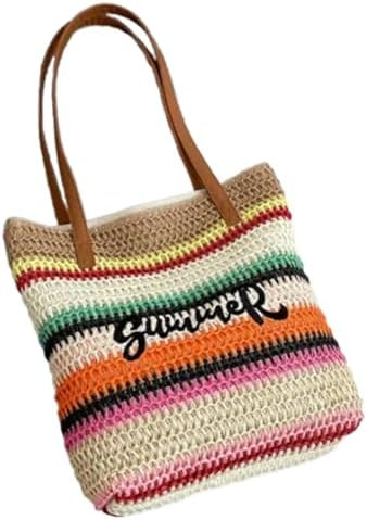 Rainbow Woven Embroidery Beach Bag Colorful Straw Design Shoulder Bag Vacation Handbag for Fashio... | Amazon (US)