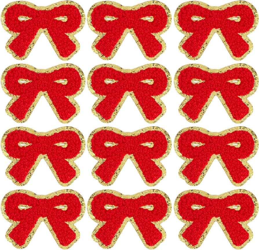 12 PCS Iron on Bow Patch Red, Chenille Patches Iron On, Gold Edges Embroidery Patche Bow Iron on ... | Amazon (US)