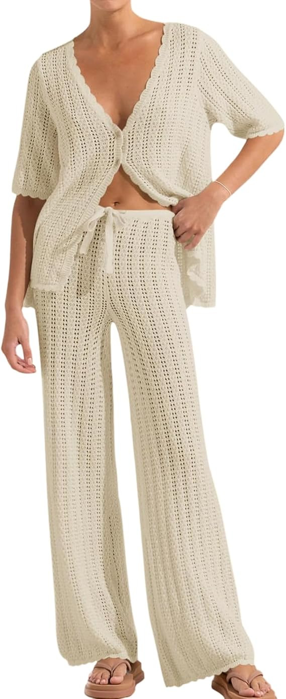 Gihuo Womens Swimsuits Cover Ups Crochet 2 Piece Bikini Coverup Beach V Neck Hollow Out Bathing S... | Amazon (US)