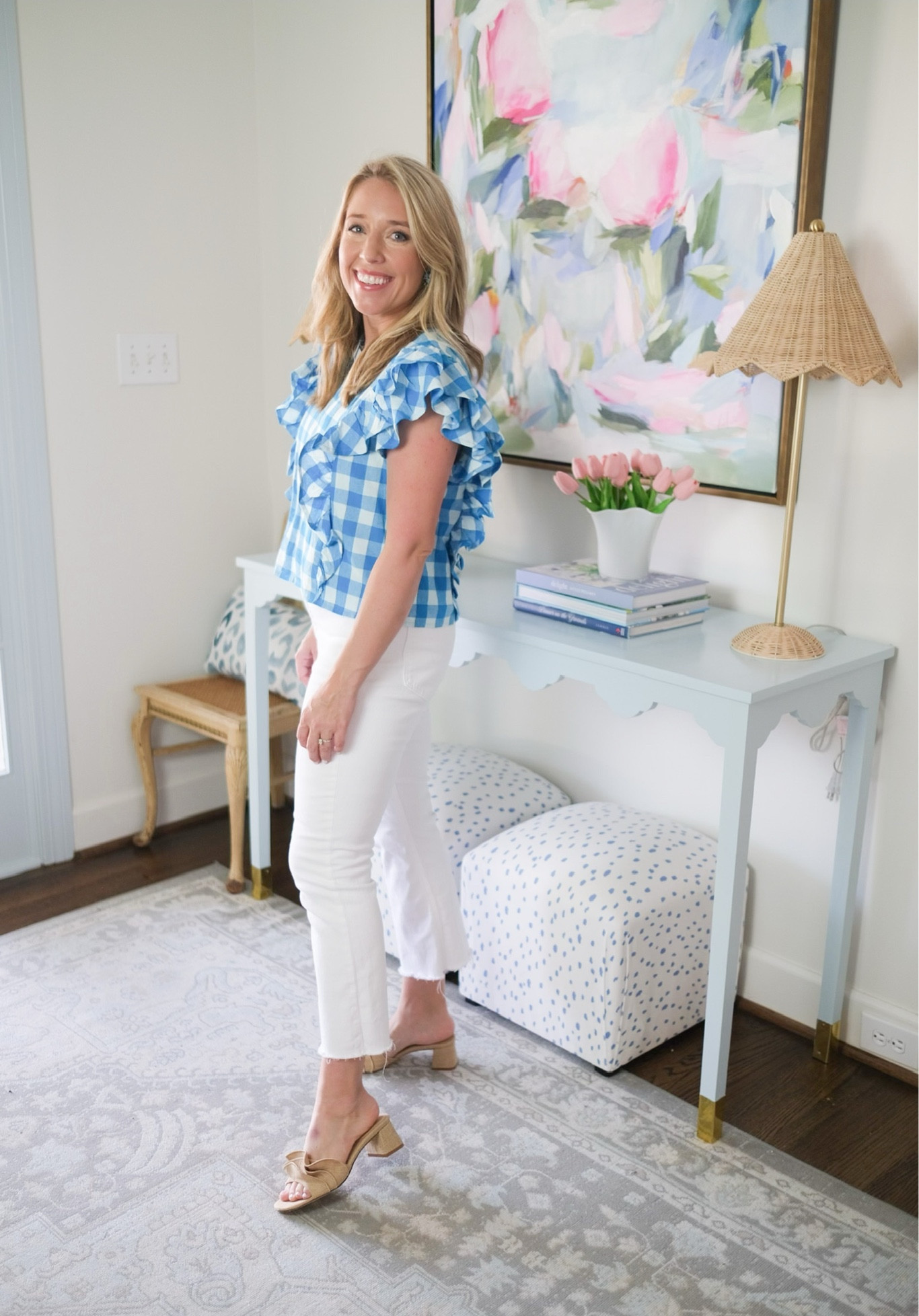 The cutest summer top from Indigeaux boutique! Use my code CCW25 for a discount! 

Ruffle gingham check blue statement top white jeans ruffle heels 

#LTKshoecrush #LTKunder100 #LTKunder50