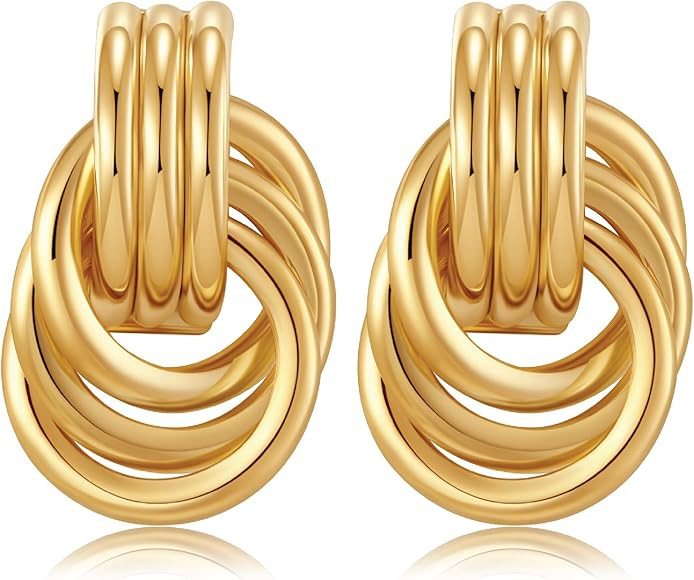 Gold-Plated Chunky Gold Earrings for Women Knot Link Circle Statement Drop Dangle Earrings Studs ... | Amazon (US)