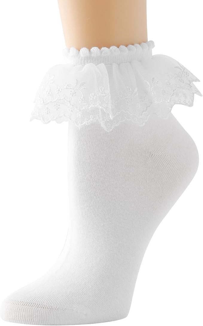 AMHRLINGTO Lace Ruffle Frilly Ankle Socks for Women - Cotton Double Layer Lace Socks | Amazon (US)
