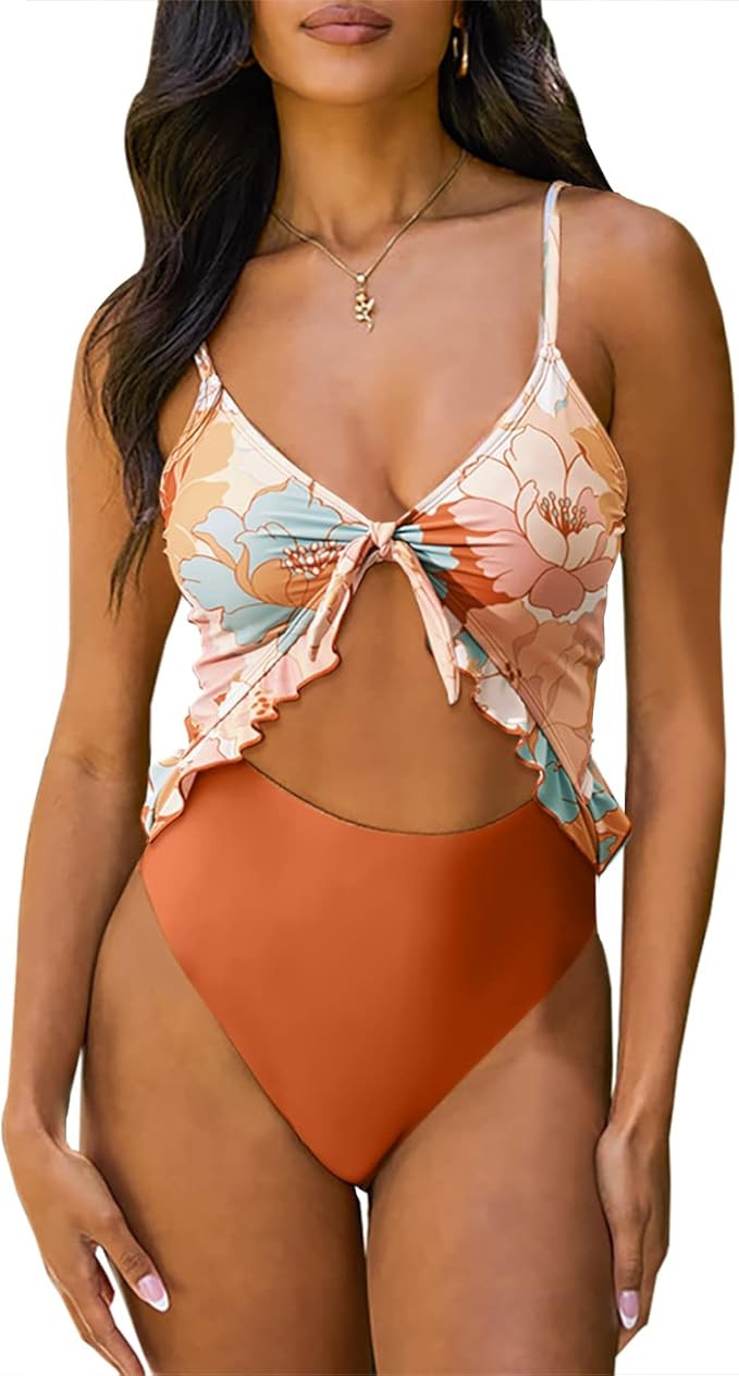 Ebifin Swimsuit for Women One Piece Bathing Suits Sexy Ruffle Leopard Swimwear Cut Out Floral Pri... | Amazon (US)