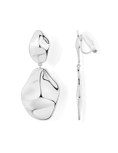 FAN&LOUIS Silver Clip On Dangle Earrings For Women, Non Pierced Big Earrings Trendy Lightweigh Hammered Drop Clip-on Earrings Fashion Jewelry | Amazon (US)