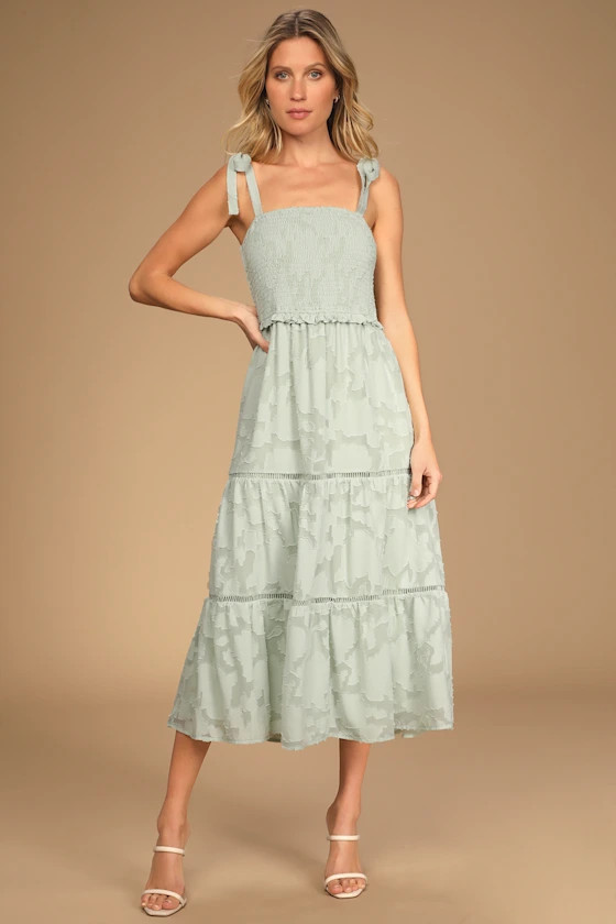Float to Love Mint Jacquard Smocked Tie-Strap Midi Dress | Lulus (US)